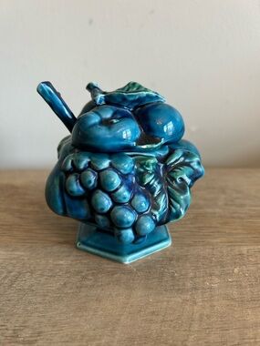 Vintage Inarco Blue Mood Indigo Sugar Bowl with‎ Lid And Spoon 4" X 4" Japan